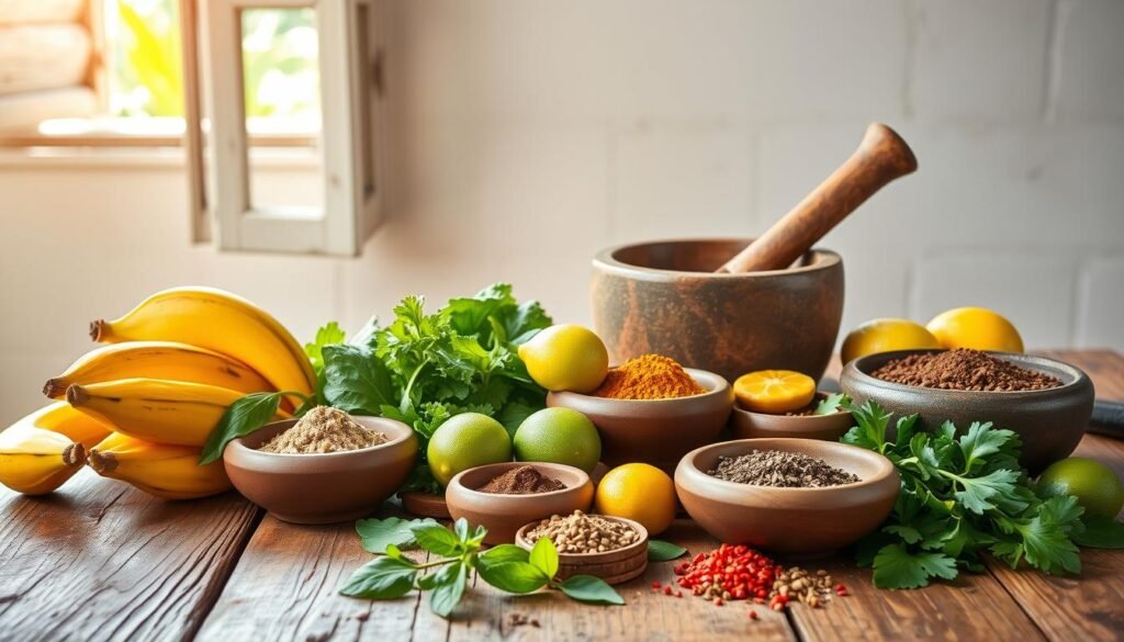 A vibrant still life capturing the essence of budget-friendly Caribbean cooking. In the foreground, a rustic wooden table is adorned with an array of vibrant ingredients - ripe plantains, leafy greens, juicy limes, aromatic herbs, and an assortment of spices in earthy ceramic bowls. The middle ground features a mortar and pestle, a traditional tool for grinding seasonings. Soft, natural lighting filters through an open window, casting a warm glow over the scene. The background features a simple, whitewashed wall, allowing the colors and textures of the ingredients to take center stage. The overall atmosphere conveys a sense of simplicity, warmth, and the rich culinary traditions of the Caribbean.