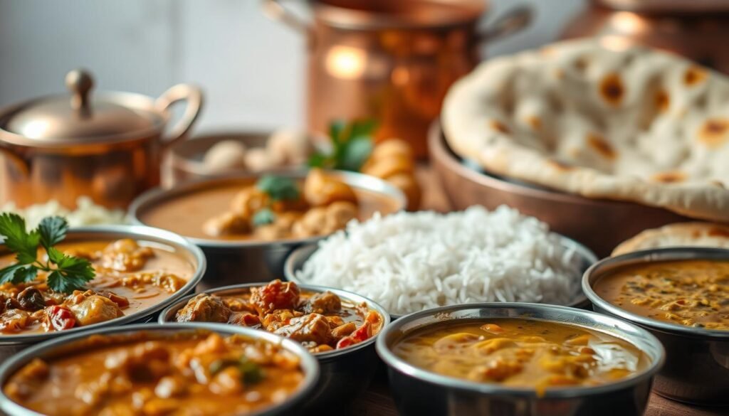 A vibrant still life capturing the essence of traditional Indian lunch dishes. In the foreground, a selection of aromatic curries and dals, their rich, earthy hues complemented by the warm tones of turmeric and cumin. Delicate basmati rice and freshly baked naan breads occupy the middle ground, inviting the viewer to experience the textures and flavors. In the background, a glimpse of copper cookware and terracotta serving dishes, evoking the timeless heritage of Indian culinary traditions. Soft, diffused lighting creates a cozy, homely atmosphere, while a slight angle lends dynamism to the composition. The overall scene exudes the comforting, satisfying essence of an authentic Indian midday meal.