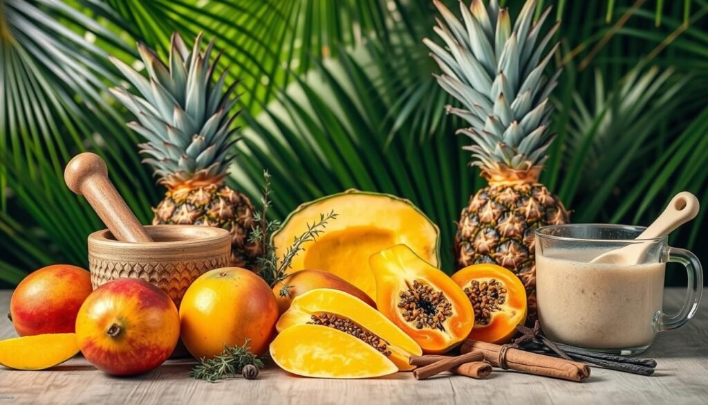A vibrant still life composition depicting an array of tropical fruits and baking ingredients. In the foreground, ripe mangoes, papayas, and pineapples are arranged alongside a mortar and pestle, a wooden spoon, and a measuring cup. In the middle ground, sprigs of fresh thyme, cinnamon sticks, and vanilla beans add depth and aroma. The background features a lush, verdant backdrop with leafy palm fronds, creating a warm, island-inspired ambiance. The lighting is soft and diffused, casting gentle shadows and highlighting the vibrant colors and textures of the ingredients. The overall scene conveys a sense of culinary exploration and the rich, flavorful essence of Caribbean baking.