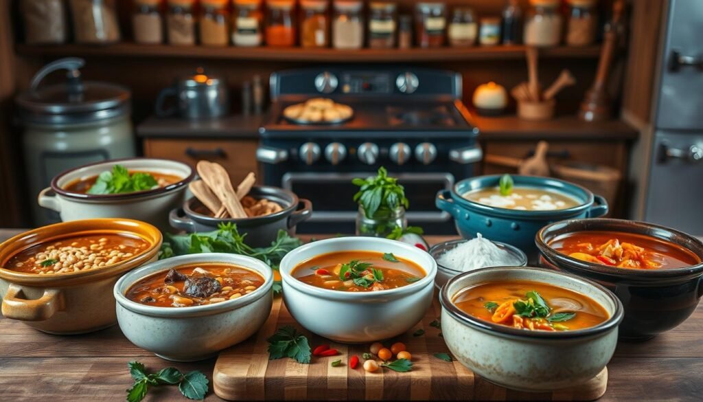 A vibrant still life composition showcasing an array of international crock pot soup recipes. In the foreground, a selection of simmering soups in glazed ceramic bowls, each with unique ingredients and textures - from hearty beef barley to fragrant Thai coconut. In the middle ground, a wooden cutting board displays an assortment of fresh herbs, spices, and garnishes, hinting at the flavorful fusion of global cuisines. The background features a rustic kitchen setting, with a vintage stove and shelves lined with jars of dry goods, setting an inviting, homey atmosphere. Warm, directional lighting illuminates the scene, casting soft shadows and highlighting the rich colors and aromas of the culinary creations. An artistic, visually compelling representation of creative variations on traditional soup recipes.