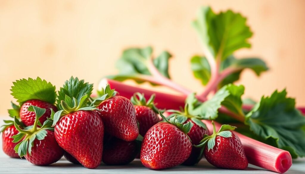 A vibrant still life composition showcasing the nutritional benefits of fresh strawberry and rhubarb. In the foreground, a cluster of plump, juicy strawberries with their deep red hues and lush green leaves. In the middle ground, a stalk of rhubarb with its distinctive pink-red stalks and broad green leaves. The background features a softly diffused backdrop, allowing the produce to take center stage. Warm, natural lighting casts a gentle glow, highlighting the textures and colors. The overall scene exudes a sense of health, vitality, and the vibrant synergy between these two complementary ingredients.