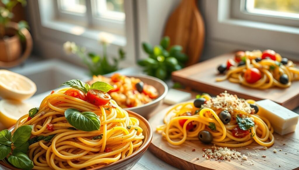 A vibrant still life of fresh summer pasta dishes, bathed in soft, warm lighting. In the foreground, a bowl of al dente linguine twirled around a rich, creamy pesto sauce, garnished with vibrant basil leaves. Alongside, a plate of colorful fusilli pasta tossed with juicy cherry tomatoes, olives, and fragrant herbs. In the middle ground, a wooden board scattered with freshly grated Parmesan, a wedge of lemon, and a sprinkling of crushed chili flakes. The background features an airy, sunlit kitchen setting, with hints of greenery and a sense of relaxed, al fresco dining. The overall composition exudes a light, summery mood, inviting the viewer to savor the flavors of the season.