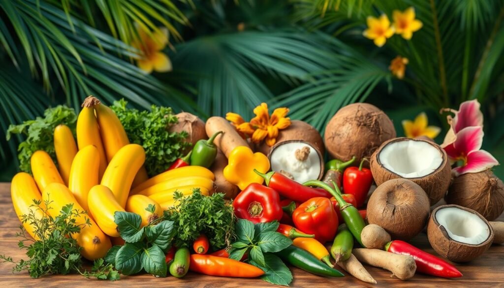 A vibrant still life of tropical vegan ingredients for Caribbean cooking. In the foreground, a selection of colorful fruits and vegetables including ripe plantains, aromatic herbs like cilantro and thyme, and a variety of peppers in shades of red, green, and yellow. In the middle ground, a variety of tubers like yams and cassava, alongside coconuts and fresh coconut milk. In the background, a lush jungle backdrop with palm fronds and tropical flowers. The lighting is warm and natural, highlighting the rich, vibrant colors of the ingredients. The composition is balanced and inviting, capturing the essence of Caribbean plant-based cuisine.