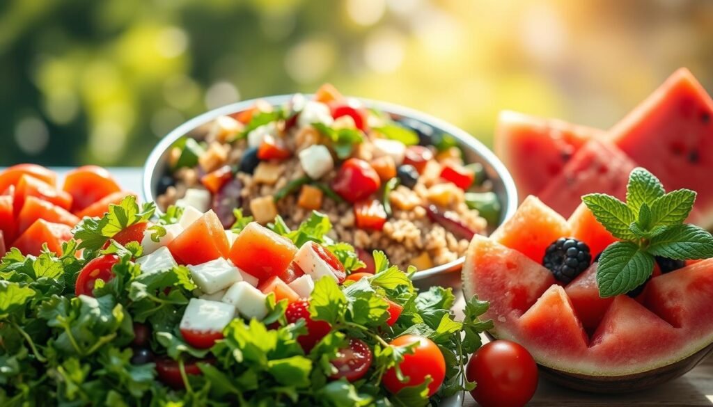A vibrant still life showcasing a variety of iconic summer salads against a bright, natural backdrop. In the foreground, a crisp green salad with fresh vegetables, juicy tomatoes, and a creamy dressing. In the middle ground, a hearty grain salad with quinoa, feta, and colorful roasted veggies. In the background, a refreshing fruit salad with juicy watermelon, berries, and a hint of mint. Soft, warm lighting illuminates the scene, casting gentle shadows and highlighting the textures and colors of the fresh ingredients. The composition is balanced and visually appealing, inviting the viewer to explore the enticing summer salad options.
