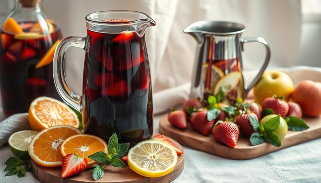 A vibrant still life showcasing the classic ingredients of a summer sangria. In the foreground, a glass carafe filled with a deep red wine, complemented by sliced oranges, lemons, and limes. Nearby, a wooden board displays fresh strawberries, green apples, and sprigs of mint, ready to be added to the mix. The middle ground features a stainless-steel pitcher, its contents a blend of the wine and fruit, reflecting the warm glow of natural light. In the background, a linen cloth in a subtle pattern adds a touch of rustic elegance, while the overall scene is bathed in a soft, golden hue, creating a welcoming and inviting atmosphere. A vibrant still life showcasing the classic ingredients of a summer sangria. In the foreground, a glass carafe filled with a deep red wine, complemented by sliced oranges, lemons, and limes. Nearby, a wooden board displays fresh strawberries, green apples, and sprigs of mint, ready to be added to the mix. The middle ground features a stainless-steel pitcher, its contents a blend of the wine and fruit, reflecting the warm glow of natural light. In the background, a linen cloth in a subtle pattern adds a touch of rustic elegance, while the overall scene is bathed in a soft, golden hue, creating a welcoming and inviting atmosphere.