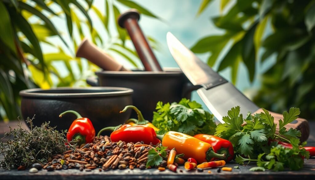 A vibrant still life showcasing the essential tools for fast Caribbean cooking. In the foreground, a colorful array of spices and herbs - aromatic thyme, fiery scotch bonnet peppers, and fragrant cilantro. In the middle ground, a sharp machete, a mortar and pestle, and a cast-iron skillet, all gleaming under warm, tropical lighting. In the background, lush, verdant leaves frame the scene, evoking the lush, tropical ambiance of the Caribbean. The composition is balanced and visually striking, capturing the spirit of lightning-fast island meal preparation with a sense of energy and authenticity.