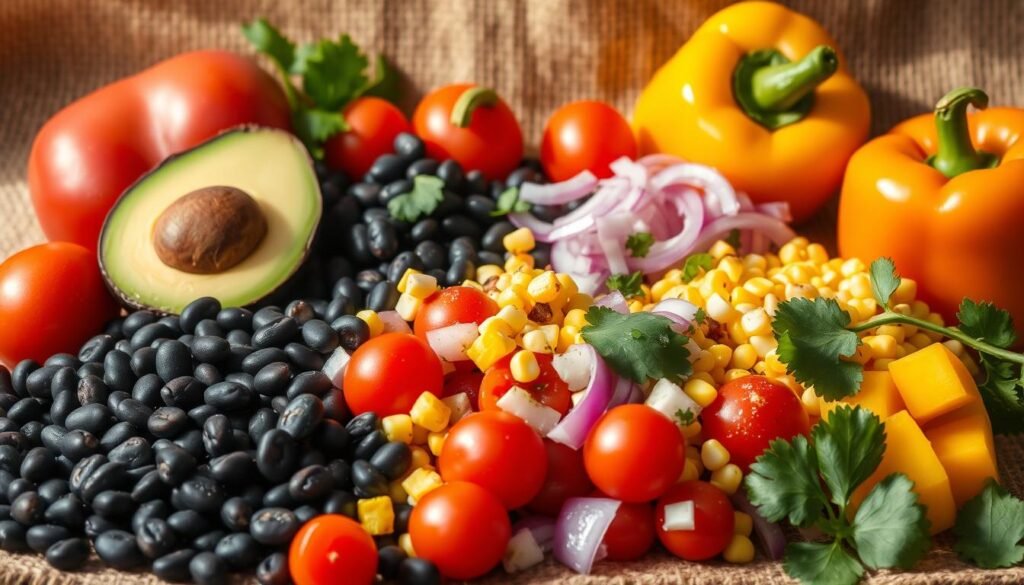 A vibrant still-life showcasing the fresh ingredients for a protein-packed Southwestern black bean salad. In the foreground, a mix of black beans, avocado, cherry tomatoes, and crisp bell peppers. In the middle ground, a scattering of roasted corn kernels, diced red onion, and a sprinkle of cilantro leaves. The background features an earthy jute cloth, complemented by warm, natural lighting that casts subtle shadows and highlights the vibrant colors. The composition is balanced, with the ingredients arranged in an inviting manner, ready to be transformed into a flavorful and nutritious salad. A vibrant still-life showcasing the fresh ingredients for a protein-packed Southwestern black bean salad. In the foreground, a mix of black beans, avocado, cherry tomatoes, and crisp bell peppers. In the middle ground, a scattering of roasted corn kernels, diced red onion, and a sprinkle of cilantro leaves. The background features an earthy jute cloth, complemented by warm, natural lighting that casts subtle shadows and highlights the vibrant colors. The composition is balanced, with the ingredients arranged in an inviting manner, ready to be transformed into a flavorful and nutritious salad.