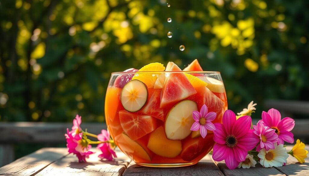 A vibrant summer punch bowl filled to the brim with an array of freshly sliced fruits, including juicy watermelon, succulent pineapple, tangy oranges, and crisp apples. The bowl is set on a rustic wooden table, bathed in warm, golden sunlight filtering through a canopy of lush greenery. Beads of condensation gently glisten on the glass, hinting at the refreshing, chilled punch within. Vibrant flowers in shades of pink, yellow, and white add a touch of whimsy, complementing the natural, summery vibe. The overall scene exudes a sense of carefree celebration, perfect for a lively outdoor gathering on a balmy summer day.