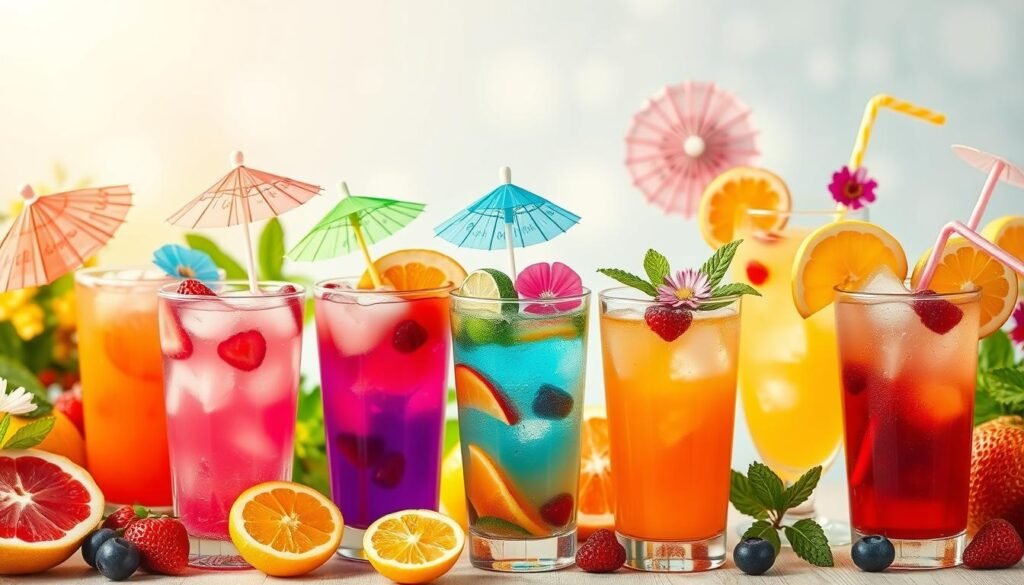A vibrant summer scene featuring an assortment of colorful, kid-friendly drinks. In the foreground, a variety of glasses filled with refreshing beverages - lemonade, fruit punch, and iced tea - adorned with playful garnishes like colorful paper umbrellas, fresh fruit slices, and edible flowers. The middle ground showcases an array of ingredients, including fresh citrus, berries, and mint sprigs, against a light, airy backdrop. Soft, warm lighting casts a cheerful glow, creating a refreshing and inviting atmosphere perfect for a summer gathering.