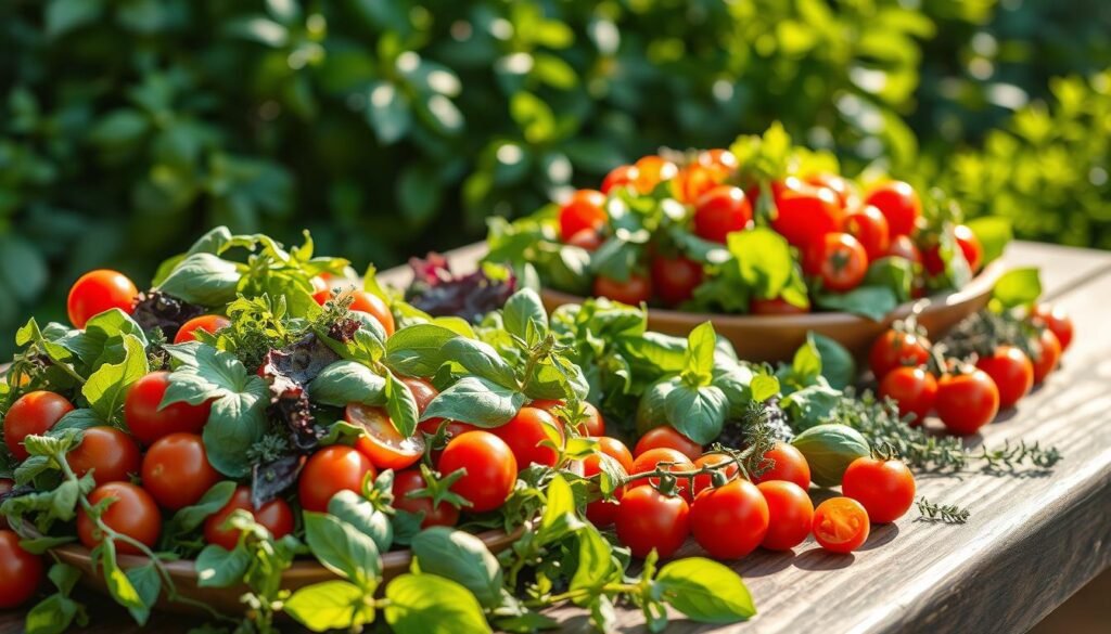 A vibrant summer tableau of fresh herb salads, overflowing with crisp greens, succulent cherry tomatoes, and fragrant basil, thyme, and oregano. The salads are artfully arranged on a rustic wooden table, catching the warm afternoon sunlight filtering through lush greenery. The scene is shot with a shallow depth of field, drawing the eye to the intricate textures and vibrant colors of the ingredients. The overall mood is one of abundance, vitality, and the joyful embrace of the season's bounty.