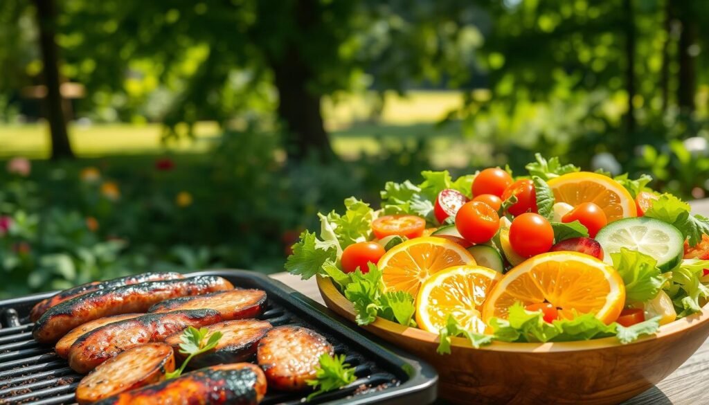 A vibrant, sun-dappled summer salad featuring plump, juicy sausages nestled among a bed of fresh greens, crisp vegetables, and colorful fruits. In the foreground, sliced sausages sizzle on a grill, their charred edges releasing mouthwatering aromas. In the midground, a wooden bowl overflows with a medley of leafy lettuce, cherry tomatoes, sliced cucumbers, and juicy orange wedges, all dressed in a light, tangy vinaigrette. The background depicts a lush, verdant garden setting, with dappled sunlight filtering through the leaves of towering trees. The overall scene evokes a sense of warmth, freshness, and the perfect balance of flavors for a delightful summer sausage salad. A vibrant, sun-dappled summer salad featuring plump, juicy sausages nestled among a bed of fresh greens, crisp vegetables, and colorful fruits. In the foreground, sliced sausages sizzle on a grill, their charred edges releasing mouthwatering aromas. In the midground, a wooden bowl overflows with a medley of leafy lettuce, cherry tomatoes, sliced cucumbers, and juicy orange wedges, all dressed in a light, tangy vinaigrette. The background depicts a lush, verdant garden setting, with dappled sunlight filtering through the leaves of towering trees. The overall scene evokes a sense of warmth, freshness, and the perfect balance of flavors for a delightful summer sausage salad.