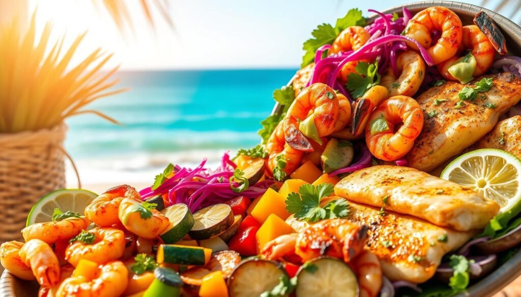 A vibrant, sun-drenched coastal scene featuring an array of fresh, healthy Mexican seafood dishes. In the foreground, a platter overflows with grilled shrimp, scallops, and halibut, seasoned with fragrant spices and drizzled with a tangy lime-cilantro sauce. Scattered around the edges are sliced avocado, juicy mango, and crisp red cabbage slaw. The middle ground showcases a vibrant medley of roasted vegetables - zucchini, bell peppers, and onions - arranged in a colorful mosaic. In the background, a glimpse of a pristine beach with gently lapping waves and a clear, azure sky, creating a serene, summery ambiance. Soft, diffused lighting bathes the scene, highlighting the natural textures and vibrant hues of the healthy, plant-based Mexican feast.