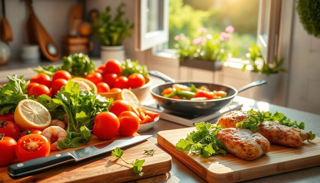 A vibrant, sun-drenched kitchen counter showcasing an array of fresh summer ingredients - crisp greens, juicy tomatoes, succulent shrimp, and bright lemon wedges. In the foreground, a wooden cutting board with a chef's knife and a simple salad dressed in a light vinaigrette. In the middle ground, a sizzling pan with sautéed vegetables and golden-brown chicken thighs. The background features an open window overlooking a lush garden, letting in warm, natural light that casts a soft, golden glow over the scene. The overall mood is one of effortless, seasonal elegance - a quick, delicious summer dinner ready to be enjoyed.