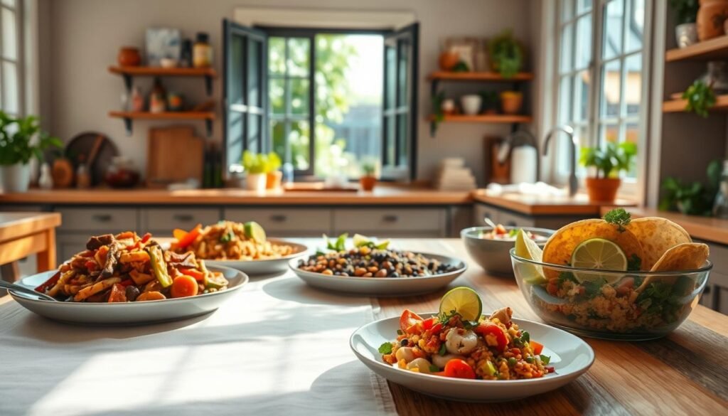 A vibrant, sun-drenched kitchen scene showcasing a selection of low-calorie, healthy Mexican main dishes. In the foreground, a large wooden table is adorned with a crisp white tablecloth, upon which rest a variety of flavorful plates - a zesty chicken and vegetable stir-fry, a hearty black bean and quinoa burrito bowl, and a refreshing, lime-dressed fish taco salad. Soft, diffused lighting casts a warm glow, highlighting the vibrant colors and textures of the dishes. In the middle ground, a well-stocked pantry of Mexican spices, herbs, and other fresh ingredients suggests the wholesome, homemade nature of the recipes. The background features an open window, offering a picturesque view of a lush, verdant garden, conveying a sense of balance and harmony between the indoor and outdoor spaces. A vibrant, sun-drenched kitchen scene showcasing a selection of low-calorie, healthy Mexican main dishes. In the foreground, a large wooden table is adorned with a crisp white tablecloth, upon which rest a variety of flavorful plates - a zesty chicken and vegetable stir-fry, a hearty black bean and quinoa burrito bowl, and a refreshing, lime-dressed fish taco salad. Soft, diffused lighting casts a warm glow, highlighting the vibrant colors and textures of the dishes. In the middle ground, a well-stocked pantry of Mexican spices, herbs, and other fresh ingredients suggests the wholesome, homemade nature of the recipes. The background features an open window, offering a picturesque view of a lush, verdant garden, conveying a sense of balance and harmony between the indoor and outdoor spaces.