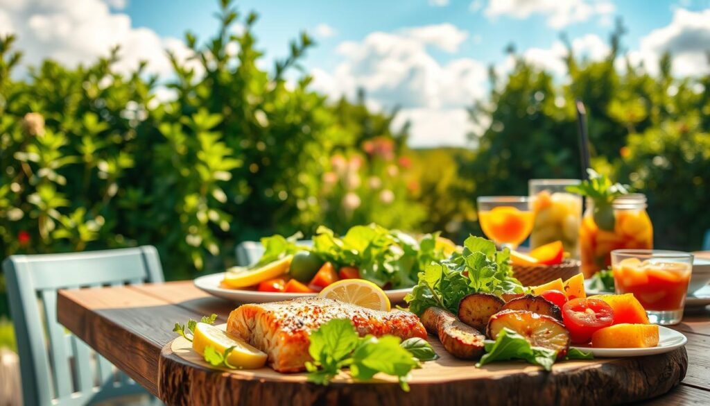 A vibrant, sun-drenched outdoor scene showcasing a delectable summer dinner spread. In the foreground, a rustic wooden table is adorned with an array of healthy, colorful dishes - a fresh green salad, grilled salmon with lemon wedges, roasted vegetables drizzled with olive oil, and a refreshing fruit salad. Soft, warm lighting casts a golden glow over the scene, creating a welcoming, al fresco ambiance. In the middle ground, lush, verdant foliage frames the setting, hinting at a bountiful summer garden. The background features a tranquil, azure sky dotted with fluffy white clouds, conveying a sense of lightness and ease. The overall composition radiates a celebration of seasonal, nourishing ingredients and the joys of simple, healthy summer dining. A vibrant, sun-drenched outdoor scene showcasing a delectable summer dinner spread. In the foreground, a rustic wooden table is adorned with an array of healthy, colorful dishes - a fresh green salad, grilled salmon with lemon wedges, roasted vegetables drizzled with olive oil, and a refreshing fruit salad. Soft, warm lighting casts a golden glow over the scene, creating a welcoming, al fresco ambiance. In the middle ground, lush, verdant foliage frames the setting, hinting at a bountiful summer garden. The background features a tranquil, azure sky dotted with fluffy white clouds, conveying a sense of lightness and ease. The overall composition radiates a celebration of seasonal, nourishing ingredients and the joys of simple, healthy summer dining.