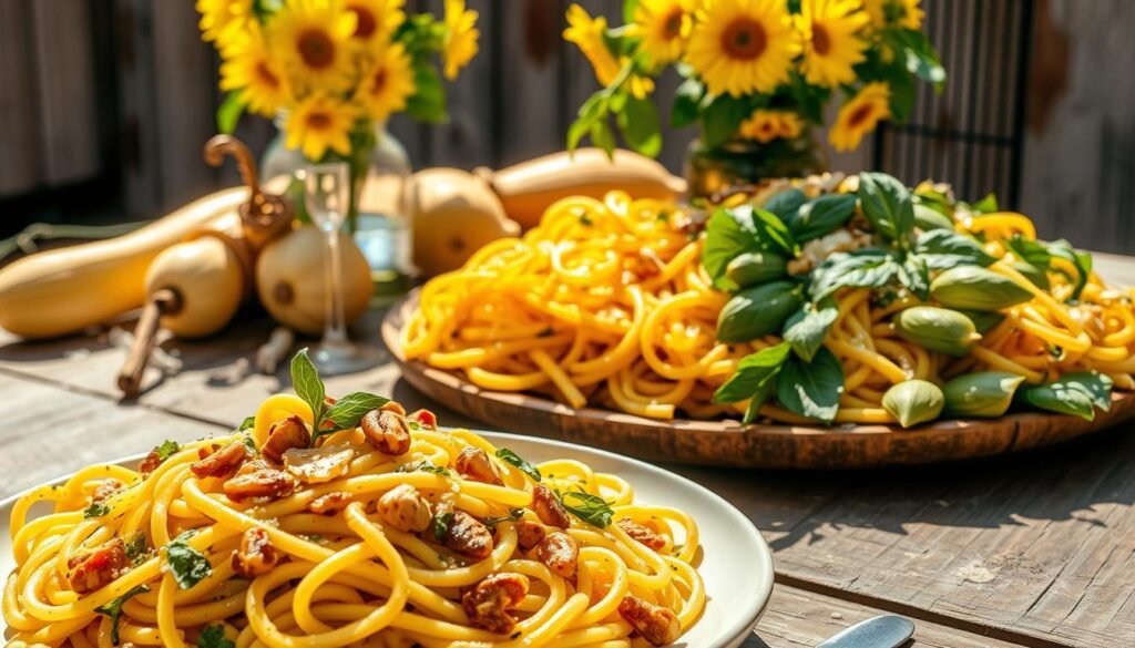 A vibrant, sun-drenched summer scene featuring a variety of fresh squash pasta dishes. In the foreground, a steaming plate of zucchini noodles tossed with a creamy, herb-infused sauce, garnished with sliced squash and toasted pine nuts. In the middle ground, a bountiful platter showcases a variety of squash shapes and colors, from delicate ribbons to hearty penne, all intertwined with fragrant basil leaves and grated Parmesan. The background depicts a rustic, weathered wooden table, with a vase of fragrant summer blooms casting a warm, golden glow across the scene. The overall mood is one of abundance, freshness, and the joyful celebration of the season's vibrant produce.