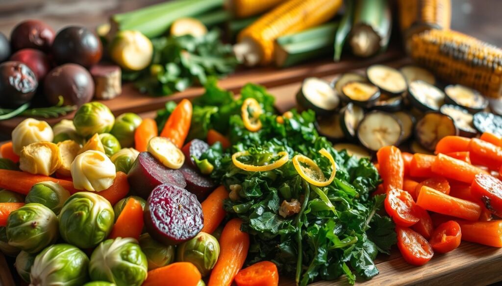 A vibrant tableau of fresh, wholesome veggie side dishes meticulously arranged on a rustic wooden table. In the foreground, a variety of roasted vegetables - crisp Brussels sprouts, tender carrots, and earthy beets - glistening under soft, natural lighting. The middle ground showcases a colorful medley of sautéed greens, from leafy kale to vibrant spinach, complemented by a zesty lemon dressing. In the background, a selection of grilled zucchini spears and charred corn on the cob add depth and texture to the scene. The overall mood is one of nourishment and abundance, inviting the viewer to savor the delicious and diverse possibilities of vegetable-centric side dishes.
