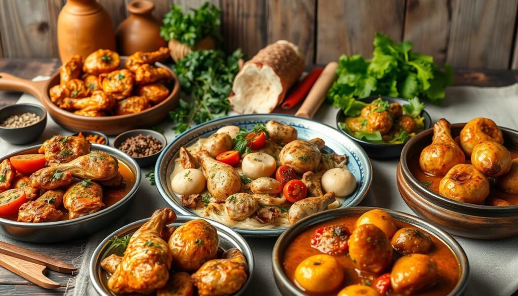 A vibrant tableau showcasing an array of international chicken dishes, captured in a warm, inviting atmosphere. In the foreground, a selection of flavorful chicken preparations - a sizzling tandoori chicken, a fragrant Thai green curry, a zesty lemon-garlic roasted chicken, and a hearty chicken stew with dumplings. In the middle ground, an assortment of aromatic spices, herbs, and colorful vegetables that evoke the diverse global cuisines. The background features a rustic, wooden table setting with a linen tablecloth, complemented by earthy tones and natural textures that create a sense of culinary authenticity. The lighting is soft and gentle, illuminating the vibrant colors and textures of the dishes, inviting the viewer to savor the flavors of these international chicken recipes.
