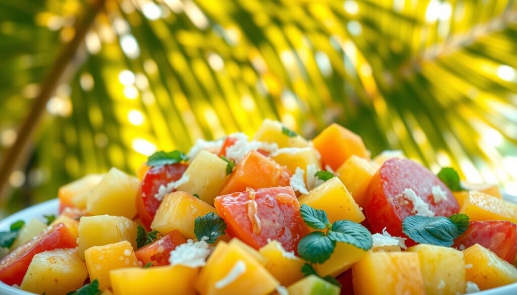 A vibrant tropical fruit salad, bursting with the flavors of the Caribbean. In the foreground, a colorful medley of freshly sliced pineapple, mango, papaya, and guava, drizzled with a tangy lime-infused dressing. The middle ground features a scattering of toasted coconut shavings and a sprinkling of chopped mint leaves, adding texture and aroma. In the background, a lush, verdant backdrop of palm fronds sways gently, casting a warm, golden glow over the scene. The image is captured with a shallow depth of field, highlighting the juicy, glistening textures of the fruit and creating an appetizing, inviting atmosphere.