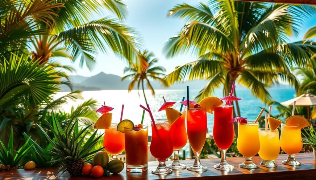 A vibrant tropical oasis filled with lush greenery, ripe fruit, and colorful cocktails. In the foreground, an array of freshly blended beverages, garnished with pineapple slices, umbrellas, and citrus wedges, sit atop a wooden bar. The middle ground features a backdrop of palm trees swaying gently in a warm breeze, creating a dreamy, relaxed atmosphere. The lighting is warm and golden, casting a soft glow over the scene, as if captured during the golden hour. In the background, the silhouettes of distant mountains and a sparkling azure ocean create a picturesque, paradise-like setting, inviting the viewer to imagine themselves sipping on a refreshing, fruity cocktail in this idyllic tropical retreat.