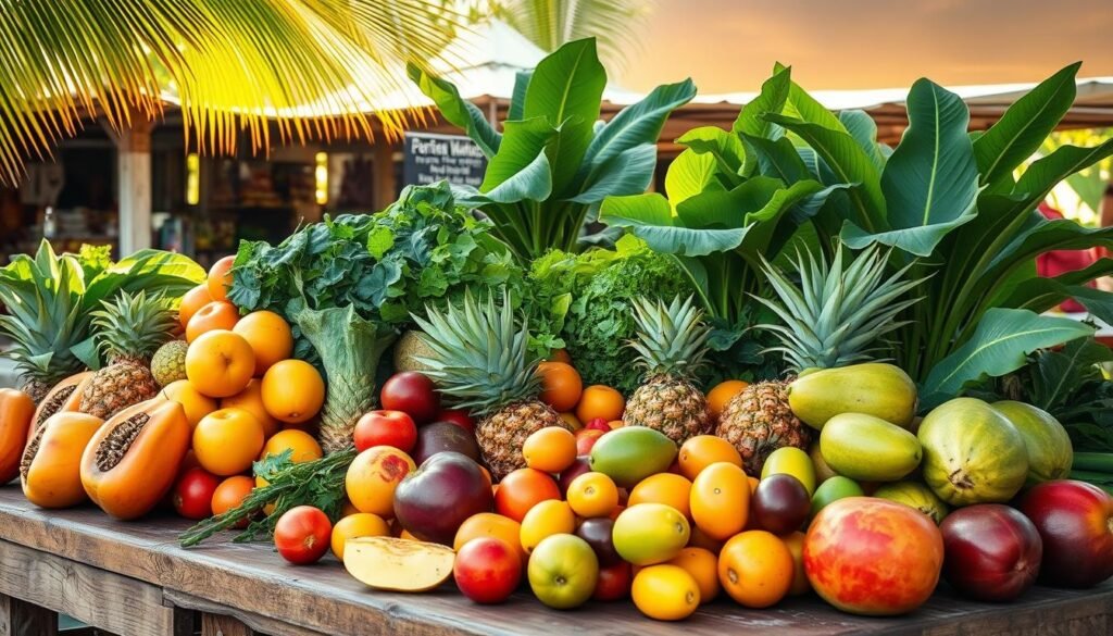 A vibrant tropical scene showcasing an array of lush Caribbean produce. In the foreground, a bountiful selection of ripe papayas, mangoes, pineapples, and breadfruit spill across a rustic wooden table, their vivid hues and organic textures creating a feast for the senses. In the middle ground, leafy greens such as callaloo, kale, and bok choy stand tall, their verdant foliage complementing the colorful fruits. Backdrop of a sun-dappled open-air market, with palm fronds swaying gently and a warm, golden light filtering through. The overall mood is one of abundance, freshness, and the joy of plant-based eating.