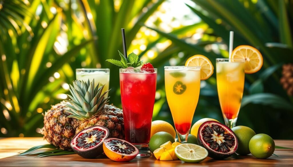 A vibrant tropical scene with a selection of freshly blended cocktails set against a backdrop of lush, sun-dappled foliage. In the foreground, a variety of exotic fruits - pineapple, mango, passionfruit, and limes - are artfully arranged around the cocktails, their vibrant colors and textures lending a sense of natural abundance. The cocktails themselves feature intricate layers of colors, from the deep ruby of the hibiscus-infused rum to the translucent green of the lime-tinged mixers. Warm, golden lighting bathes the scene, creating a sense of warmth and island vibrancy. The overall composition evokes the spirit of the Caribbean, inviting the viewer to imagine the flavors and aromas of these captivating tropical libations.