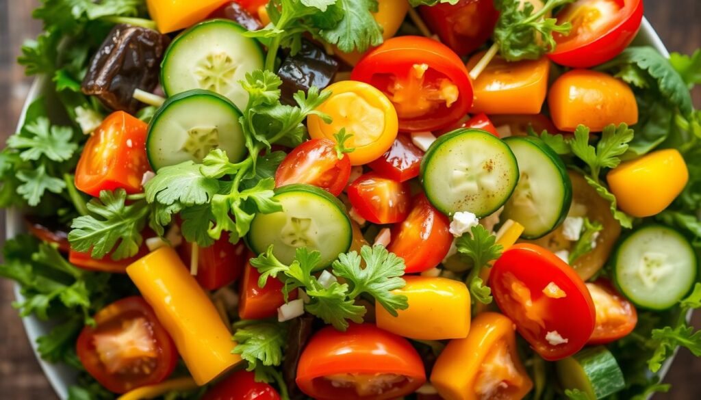 A vibrant, visually appealing vegetarian salad with a medley of fresh, crisp greens, juicy tomatoes, crunchy cucumbers, and colorful bell peppers. The salad is artfully arranged with pops of red, yellow, and green hues, creating a visually striking and appetizing composition. The lighting is soft and natural, casting a warm, inviting glow on the ingredients. The image is captured from an overhead angle, showcasing the visual layers and textures of the salad. The atmosphere is one of freshness, health, and culinary delight, perfectly reflecting the "Creative Salads Packed with Nutrients" section of the article.