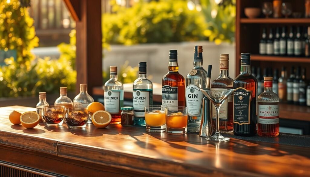 A vintage wooden bar counter set against a warm summer backdrop, bathed in soft, golden light. On the counter, an elegant arrangement of classic cocktail ingredients - freshly squeezed citrus, aromatic bitters, crisp glassware, and a selection of premium spirits. Bottles of gin, rum, and vermouth stand at the ready, their labels hinting at the flavorful libations to be crafted. Reflecting the timeless essence of summer cocktail culture, the scene evokes a sense of relaxation and sophistication, inviting the viewer to imagine the creation of perfectly balanced, refreshing cocktails.