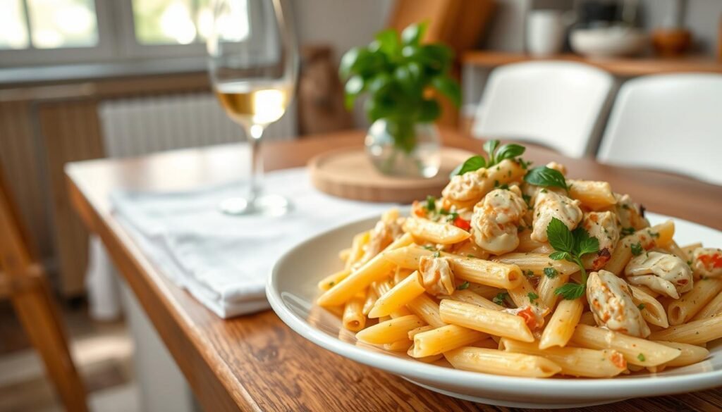 A visually appetizing chicken pasta dish, captured in a warm, cozy kitchen setting. In the foreground, a plate of al dente penne pasta, tossed with tender chunks of juicy chicken, fresh herbs, and a creamy, savory sauce. The middle ground showcases a rustic wooden table, adorned with a crisp white linen, a glass of white wine, and a simple centerpiece of fresh basil. The background features natural light filtering through a window, casting a soft, inviting glow over the scene. The overall mood is one of comfort, culinary delight, and the inviting aroma of a delicious homemade lunch.
