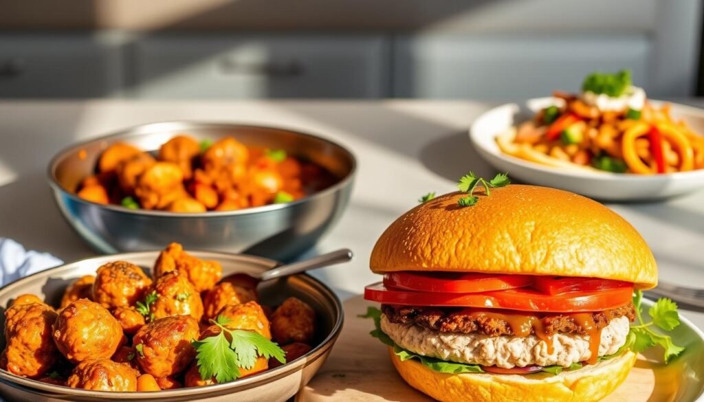 A visually appetizing display of four quick and easy ground turkey dinner recipes, arranged in an appealing composition. The dishes are expertly lit from above, casting warm, natural shadows that accentuate their textures and colors. The foreground features a sizzling turkey meatball skillet, a hearty turkey chili, and a vibrant turkey taco salad. In the middle ground, a succulent turkey burger with fresh toppings takes center stage. The background depicts a minimalist kitchen counter or table, hinting at the simplicity and convenience of these ground turkey meals. The overall mood is one of tempting, home-cooked comfort, inviting the viewer to savor these delicious, nutritious, and time-saving dinner options.