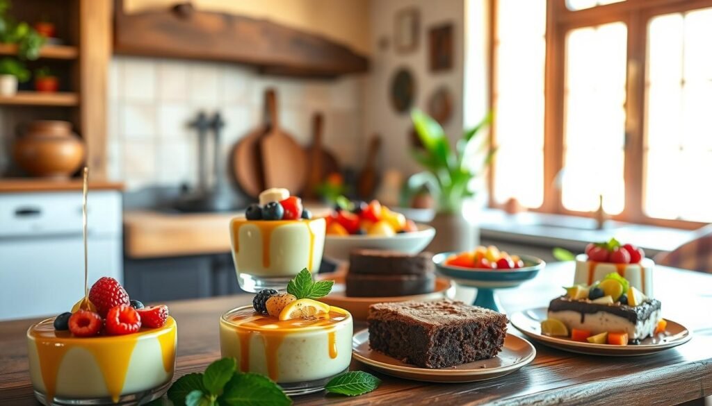 A visually stunning image of guilt-free, healthy Mexican desserts, captured in a warm, inviting setting. In the foreground, an artfully arranged display of vibrant, plant-based treats, such as a creamy avocado mousse topped with fresh berries and a drizzle of honey, and a rich, fudgy chocolate cake made with dates and cocoa powder. The middle ground features a beautifully plated array of traditional Mexican sweets, like a creamy coconut-lime panna cotta and a vibrant fruit salad with a hint of chili and lime. In the background, a rustic, earthy kitchen setting with natural wood accents, terracotta tiles, and a large window that floods the scene with soft, golden light, creating a cozy, homey atmosphere. The overall composition evokes a sense of balance, indulgence, and guilt-free satisfaction. A visually stunning image of guilt-free, healthy Mexican desserts, captured in a warm, inviting setting. In the foreground, an artfully arranged display of vibrant, plant-based treats, such as a creamy avocado mousse topped with fresh berries and a drizzle of honey, and a rich, fudgy chocolate cake made with dates and cocoa powder. The middle ground features a beautifully plated array of traditional Mexican sweets, like a creamy coconut-lime panna cotta and a vibrant fruit salad with a hint of chili and lime. In the background, a rustic, earthy kitchen setting with natural wood accents, terracotta tiles, and a large window that floods the scene with soft, golden light, creating a cozy, homey atmosphere. The overall composition evokes a sense of balance, indulgence, and guilt-free satisfaction.