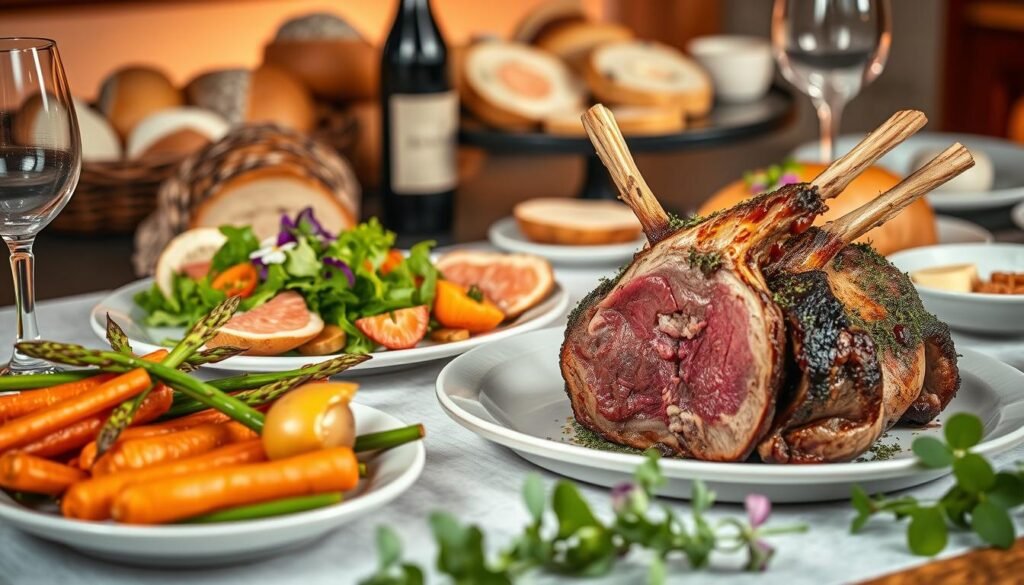 A visually stunning table setting showcasing modern Easter main course ideas. In the foreground, a succulent roasted leg of lamb with a crisp herb crust, accompanied by a selection of seasonal vegetables - roasted asparagus spears, caramelized carrots, and herbed potatoes. In the middle ground, a beautifully garnished smoked salmon terrine, served with a refreshing salad of greens and edible flowers. The background features a carefully curated display of artisanal breads, flavored butters, and an elegant wine pairing. Warm, inviting lighting casts a soft glow over the scene, creating a sophisticated and contemporary Easter ambiance. A visually stunning table setting showcasing modern Easter main course ideas. In the foreground, a succulent roasted leg of lamb with a crisp herb crust, accompanied by a selection of seasonal vegetables - roasted asparagus spears, caramelized carrots, and herbed potatoes. In the middle ground, a beautifully garnished smoked salmon terrine, served with a refreshing salad of greens and edible flowers. The background features a carefully curated display of artisanal breads, flavored butters, and an elegant wine pairing. Warm, inviting lighting casts a soft glow over the scene, creating a sophisticated and contemporary Easter ambiance.