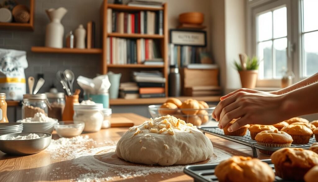 A warm and inviting kitchen scene, bathed in soft natural light filtering through large windows. On the counter, an array of gluten-free baking ingredients - flours, xanthan gum, sugar, and various spices neatly arranged. In the foreground, a pair of skilled hands kneading a dough of gluten-free flour, creating a fluffy, pliable texture. In the middle ground, a display of freshly baked gluten-free muffins, their golden crusts glistening, alongside a tray of cooling cookies. The background features a bookshelf filled with baking cookbooks, hinting at the wealth of knowledge and experimentation behind gluten-free baking. An atmosphere of care, creativity, and culinary mastery pervades the scene.