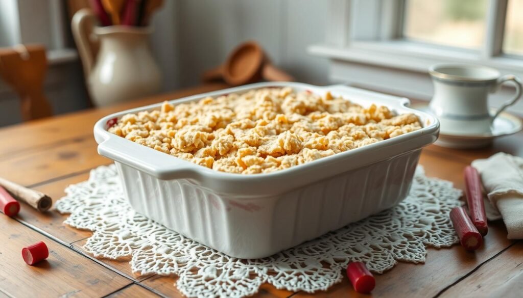 A warm and inviting scene of a freshly baked rhubarb crumble in Grandma's kitchen. The crumble sits atop a white ceramic baking dish, its golden crust glistening under the soft, diffused lighting of a nearby window. The vibrant pink rhubarb filling peeks through the crumbly topping, promising a delightful balance of sweet and tart. Surrounding the dish are rustic, weathered elements - a wooden table, a lace doily, and a vintage teacup. The overall mood is one of comfort, nostalgia, and the welcoming embrace of a family recipe passed down through generations.