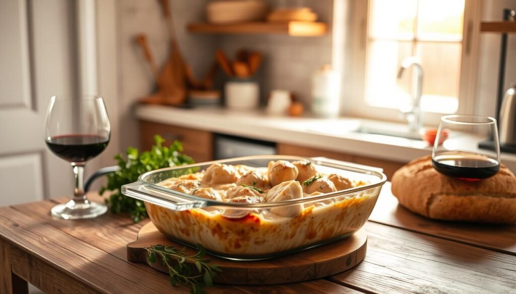 A warm, cozy kitchen scene featuring a hearty chicken casserole fresh from the oven. The casserole dish sits atop a rustic wooden table, surrounded by fresh herbs, a crusty loaf of bread, and a glass of red wine. Soft, golden light filters in through a nearby window, casting a welcoming glow over the comforting meal. The casserole's bubbling, creamy sauce and tender, juicy chicken pieces are visible through the clear glass bakeware. The overall atmosphere evokes a sense of homey, comforting nourishment perfect for a satisfying dinner.