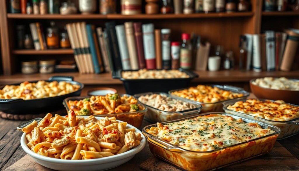 A warm, cozy kitchen scene with various classic casserole dishes displayed on a rustic wooden table. In the foreground, a baked ziti casserole with bubbling cheese, alongside a hearty chicken and broccoli casserole. In the middle ground, a shepherd's pie with a golden-brown potato topping, and a creamy tuna casserole. In the background, shelves lined with vintage cookbooks and jars of herbs and spices, creating a homey, nostalgic atmosphere. Soft, diffused lighting casts a gentle glow, highlighting the rich colors and textures of the dishes. The overall scene evokes a sense of comfort and tradition, inviting the viewer to try these classic casserole recipes.