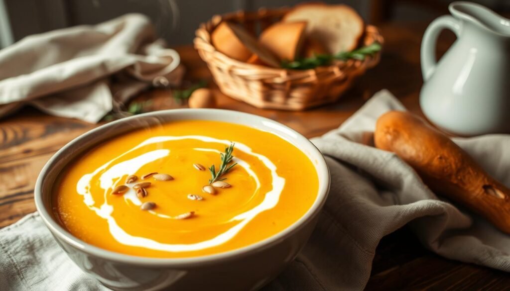 A warm, cozy scene of a classic butternut squash soup. In the foreground, a large bowl filled with the vibrant orange puree, garnished with a swirl of cream, toasted pumpkin seeds, and a sprig of fresh thyme. Wisps of steam rise from the bowl, hinting at the soup's soothing temperature. The middle ground features a wooden table with a linen tablecloth, a basket of fresh bread, and a simple white ceramic pitcher. The background is softly blurred, creating a sense of intimacy and focus on the delectable soup. Gentle, natural lighting casts a gentle glow, evoking a comforting and nourishing atmosphere.