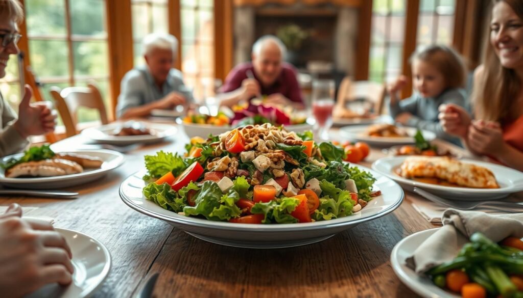A warm, inviting family dinner table with a central focus on a vibrant and appetizing salad dish. The salad features an array of fresh, colorful vegetables - crisp greens, juicy tomatoes, crunchy carrots, and other seasonal produce. Garnished with toasted nuts, shredded cheese, and a flavorful homemade dressing, the salad is the star of the meal. Surrounding the salad are various complementary main course items, such as grilled chicken, roasted salmon, or vegetarian protein options, creating a balanced and satisfying dinner spread. The table is set with casual, rustic tableware, and natural lighting filters in through large windows, casting a soft, welcoming glow over the scene. An atmosphere of comfort, nourishment, and quality family time is palpable.