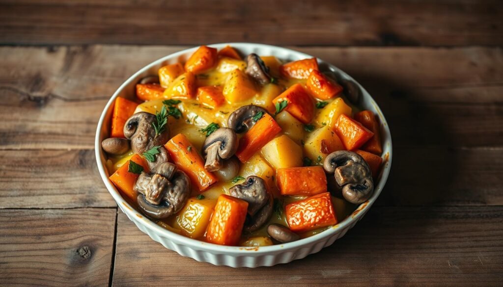 A warm, inviting vegetable casserole sits on a rustic wooden table, its golden-brown crust glistening under soft, diffused lighting. Tender roasted root vegetables like carrots, potatoes, and onions mingle with hearty mushrooms, fragrant herbs, and a creamy, comforting sauce. The dish is framed by a simple, minimalist background, allowing the vibrant colors and textures of the casserole to take center stage. The overall scene evokes a sense of homely, nourishing comfort, perfectly suited to illustrate a section on satisfying baked vegetable dishes.