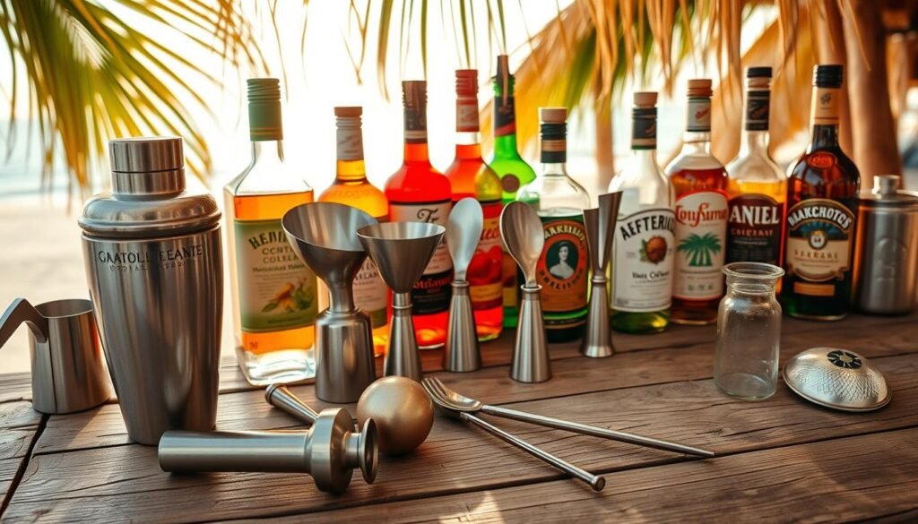 A well-curated collection of essential Caribbean cocktail tools arranged on a rustic wooden island bar setup. In the foreground, a sleek stainless steel cocktail shaker, a sharp muddler, and a classic citrus juicer sit atop a worn, weathered tabletop. In the middle ground, a set of professional barspoons, a sturdy bottle opener, and a variety of premium liquor bottles with vibrant tropical labels create a stylish bartender's workspace. The background features a backdrop of woven palm fronds and a glimpse of a sun-dappled Caribbean beach, evoking the lush, laid-back atmosphere of a beachside island bar. Warm, natural lighting casts a golden glow over the scene, capturing the inviting essence of Caribbean mixology.
