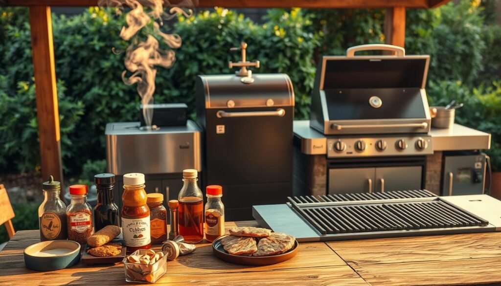 A well-equipped outdoor kitchen with a large, stainless steel smoker grill at the center. The smoker is filled with fragrant wood chips, emitting a steady stream of aromatic smoke. In the foreground, an array of spices, marinades, and grilling tools are neatly arranged on a weathered wooden table. The middle ground features a sleek, gas-powered grill with gleaming cast-iron grates, ready to sear expertly seasoned meats. The background showcases a lush, verdant garden, creating a serene, nature-inspired ambiance. Warm, golden lighting casts a soft glow over the scene, highlighting the textures and details of the grilling setup. The overall atmosphere exudes a sense of mastery, inviting the viewer to embark on an advanced grilling experience.