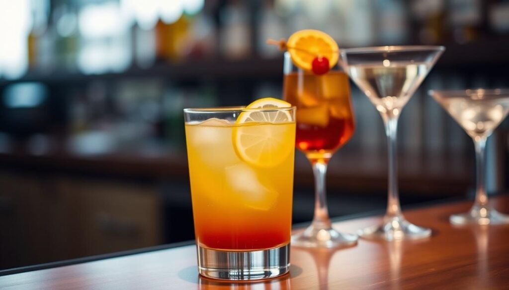 A well-lit bartop showcases a trio of simple, visually-appealing cocktails. In the foreground, a refreshing highball glass with a citrus wedge garnish sits atop a polished wooden surface. In the middle ground, a classic Old Fashioned is adorned with a maraschino cherry and orange slice. In the background, a stemmed martini glass catches the light, filled with a clear, chilled liquid. The overall scene exudes a relaxed, inviting atmosphere, conveying the ease and approachability of these three-ingredient mixed drink recipes.