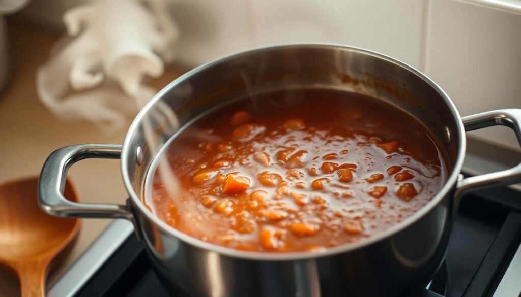 A well-lit, close-up image of a saucepan on a stovetop, filled with a thick, aromatic Japanese curry sauce. The sauce should have a rich, velvety texture, with a deep brown color and small bits of onion and carrot visible. Wisps of steam rise from the pan, creating a cozy, homemade atmosphere. The pan should be set against a simple, clean background, with a wooden spoon or spatula resting next to it, suggesting the preparation process. The lighting should be warm and inviting, highlighting the depth and complexity of the curry sauce, conveying the perfect comfort food experience.