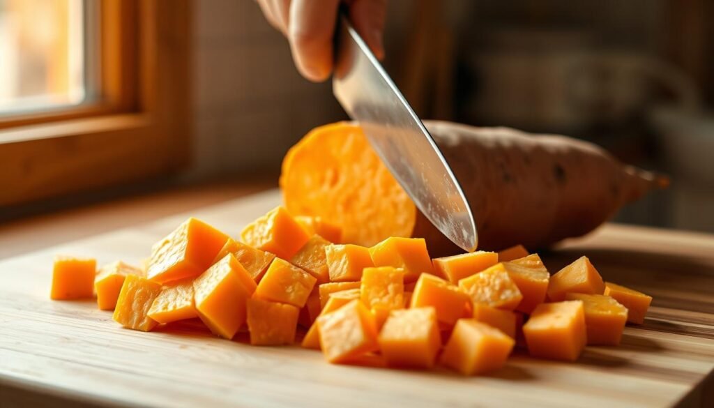 A well-lit, close-up shot of a Japanese sweet potato being peeled and cut into evenly-sized cubes on a clean, wooden cutting board. The potato's vibrant, orange flesh is visible as the knife glides through it, revealing its soft, starchy texture. The background is blurred, placing the focus on the careful preparation technique. Warm, natural lighting from a window casts a gentle glow, highlighting the potato's unique color and shape. The overall mood is one of attentive care and culinary precision, reflecting the importance of proper preparation for delicious Japanese sweet potato dishes.