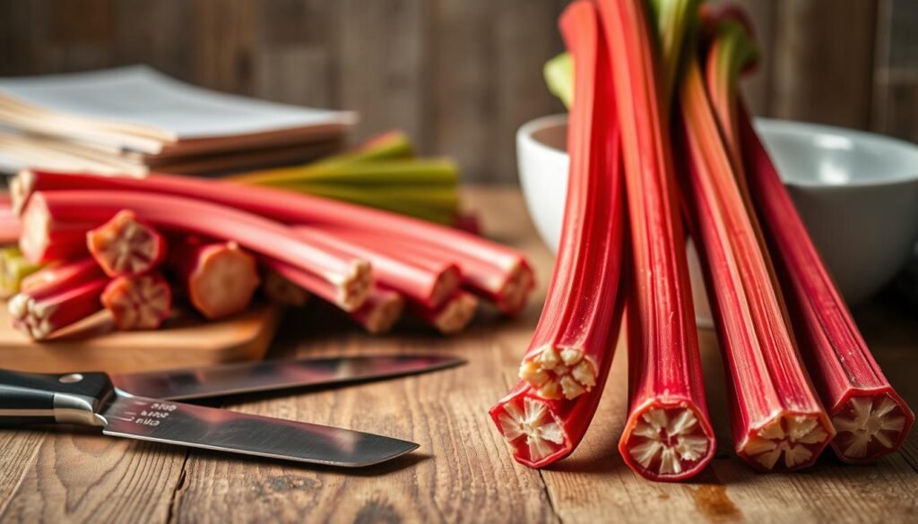 A well-lit, close-up shot of a selection of fresh rhubarb stalks, neatly arranged on a wooden surface. In the foreground, a set of cooking utensils including a sharp knife, a cutting board, and a mixing bowl, creating a sense of preparation for a culinary task. The middle ground features a stack of recipe cards or notes, hinting at the wealth of knowledge about rhubarb preparation. The background is softly blurred, maintaining the focus on the rhubarb and the tools of the trade. The overall mood is one of confidence and expertise, setting the stage for a masterful exploration of rhubarb's culinary potential.