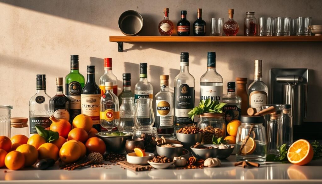 A well-lit countertop showcases an array of diverse ingredients, from vibrant citrus fruits to fragrant spices, artisanal liquors, and sleek glassware. The scene is captured in a slightly elevated perspective, creating a sense of depth and inviting the viewer to explore the bounty before them. Warm, directional lighting casts subtle shadows, accentuating the textures and colors of the ingredients, while a muted, earthy color palette evokes a sense of thoughtfulness and culinary exploration. The overall composition conveys a harmonious balance, suggesting the joy and craft of mixology and the boundless possibilities of creating delectable, personalized drinks.