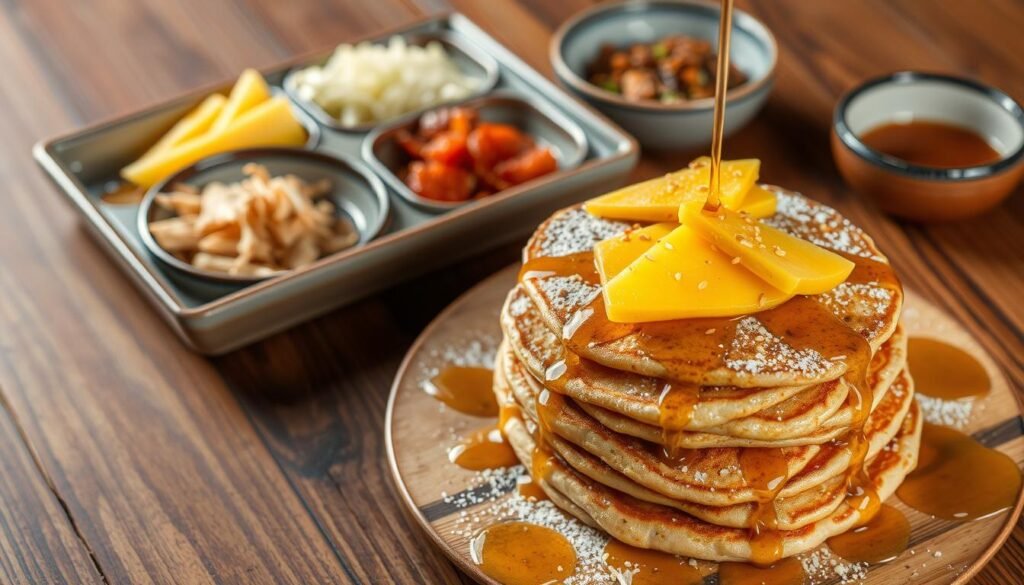 A well-lit, high-angle shot of a wooden table featuring a stack of fluffy Japanese pancakes (known as "hotcakes" or "okonomiyaki"), drizzled with golden maple syrup and sprinkled with powdered sugar. The pancakes are garnished with fresh slices of juicy mango and a scattering of toasted sesame seeds. In the background, a Japanese-style ceramic dish holds a selection of savory toppings like shredded cabbage, pickled ginger, and bonito flakes. The overall scene conveys a sense of elegance and simplicity, inviting the viewer to imagine serving these delectable pancakes. A well-lit, high-angle shot of a wooden table featuring a stack of fluffy Japanese pancakes (known as "hotcakes" or "okonomiyaki"), drizzled with golden maple syrup and sprinkled with powdered sugar. The pancakes are garnished with fresh slices of juicy mango and a scattering of toasted sesame seeds. In the background, a Japanese-style ceramic dish holds a selection of savory toppings like shredded cabbage, pickled ginger, and bonito flakes. The overall scene conveys a sense of elegance and simplicity, inviting the viewer to imagine serving these delectable pancakes.
