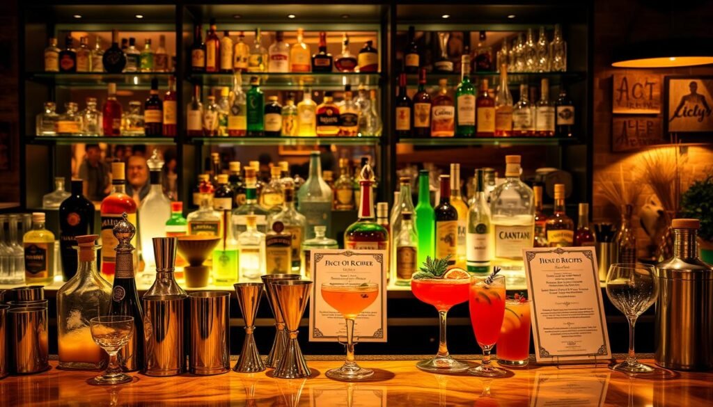 A well-lit, inviting bar counter filled with an array of cocktail shakers, jiggers, and glass tumblers. In the foreground, a selection of liquor bottles, garnishes, and mixers arranged artfully. The middle ground showcases a few delectable cocktail recipes displayed on elegant placards. The background features a warm, cozy ambiance with soft lighting and hints of rustic decor, creating a welcoming atmosphere for a sophisticated cocktail party.