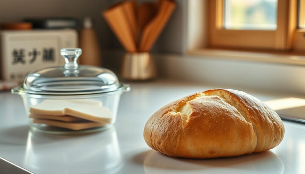 A well-lit kitchen counter, adorned with a loaf of freshly baked Japanese milk bread, its soft, pillowy texture inviting. Beside it, a glass container with an airtight lid, showcasing the ideal storage solution to preserve the bread's freshness. Warm, natural lighting from a nearby window casts a gentle glow, accentuating the bread's golden-brown crust. The countertop is clean and minimalist, allowing the focus to remain on the star of the scene - the delectable shokupan, ready to be savored and enjoyed at its peak. A well-lit kitchen counter, adorned with a loaf of freshly baked Japanese milk bread, its soft, pillowy texture inviting. Beside it, a glass container with an airtight lid, showcasing the ideal storage solution to preserve the bread's freshness. Warm, natural lighting from a nearby window casts a gentle glow, accentuating the bread's golden-brown crust. The countertop is clean and minimalist, allowing the focus to remain on the star of the scene - the delectable shokupan, ready to be savored and enjoyed at its peak.