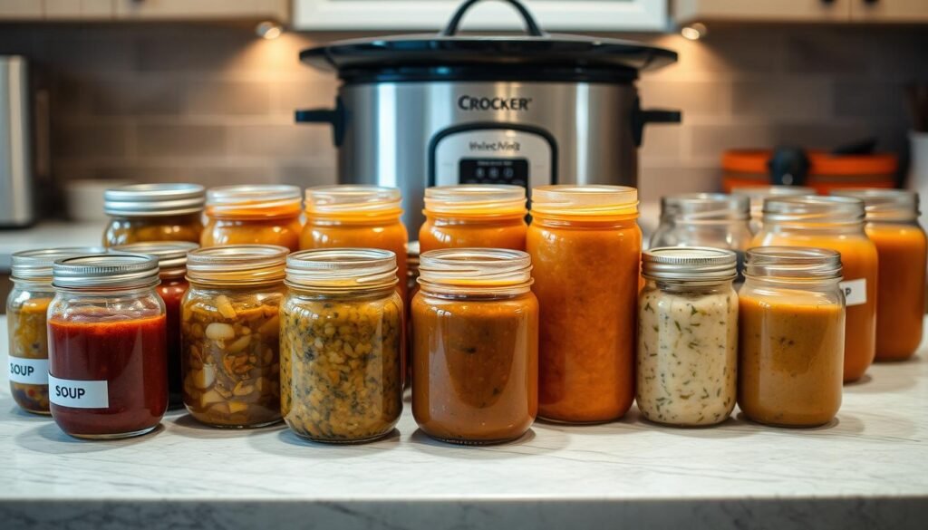 A well-lit kitchen counter, adorned with neat rows of glass jars and containers, each holding a different variety of savory crock pot soup. The jars are arranged in an orderly, visually appealing manner, with labels clearly indicating the contents. Soft, diffused lighting casts a warm glow, highlighting the rich colors and textures of the stored soups. In the background, a sleek, modern crock pot sits idle, a testament to the ease of preparation. The overall scene conveys a sense of organization, efficiency, and the satisfying feeling of having a bountiful supply of homemade soups ready to be reheated and enjoyed.